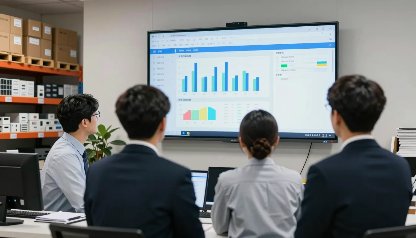 창고와 대형 화면 속 구매·재고 대시보드를 함께 보는 팀